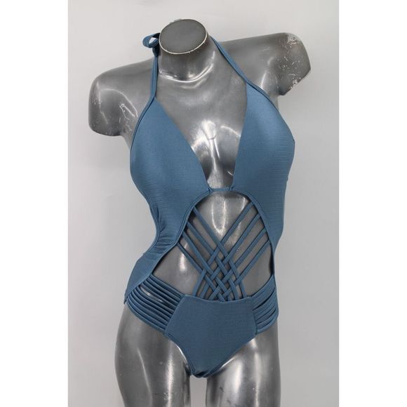 HEAT SHINY BLUE ONE PIECE M STRAPPY SWIMSUIT WOMENS OPEN BACK - Picture 1 of 11